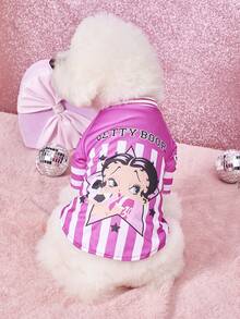 Betty Boop X PETSIN 1件粉色條紋足球小女孩星星印花寵物運動風軟透氣拼接防掉毛寵物衣服 - 彩色 - 查看 2