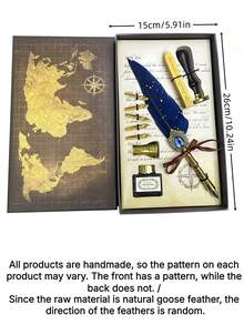 1 Set Jubaboz Calligraphy Brush Pen With Stamp And Sealing Wax, Feather Pen, Ink, Vintage Writing Ink Dip Pen With Mechanical Gear Back To School - Multicolor - View 19