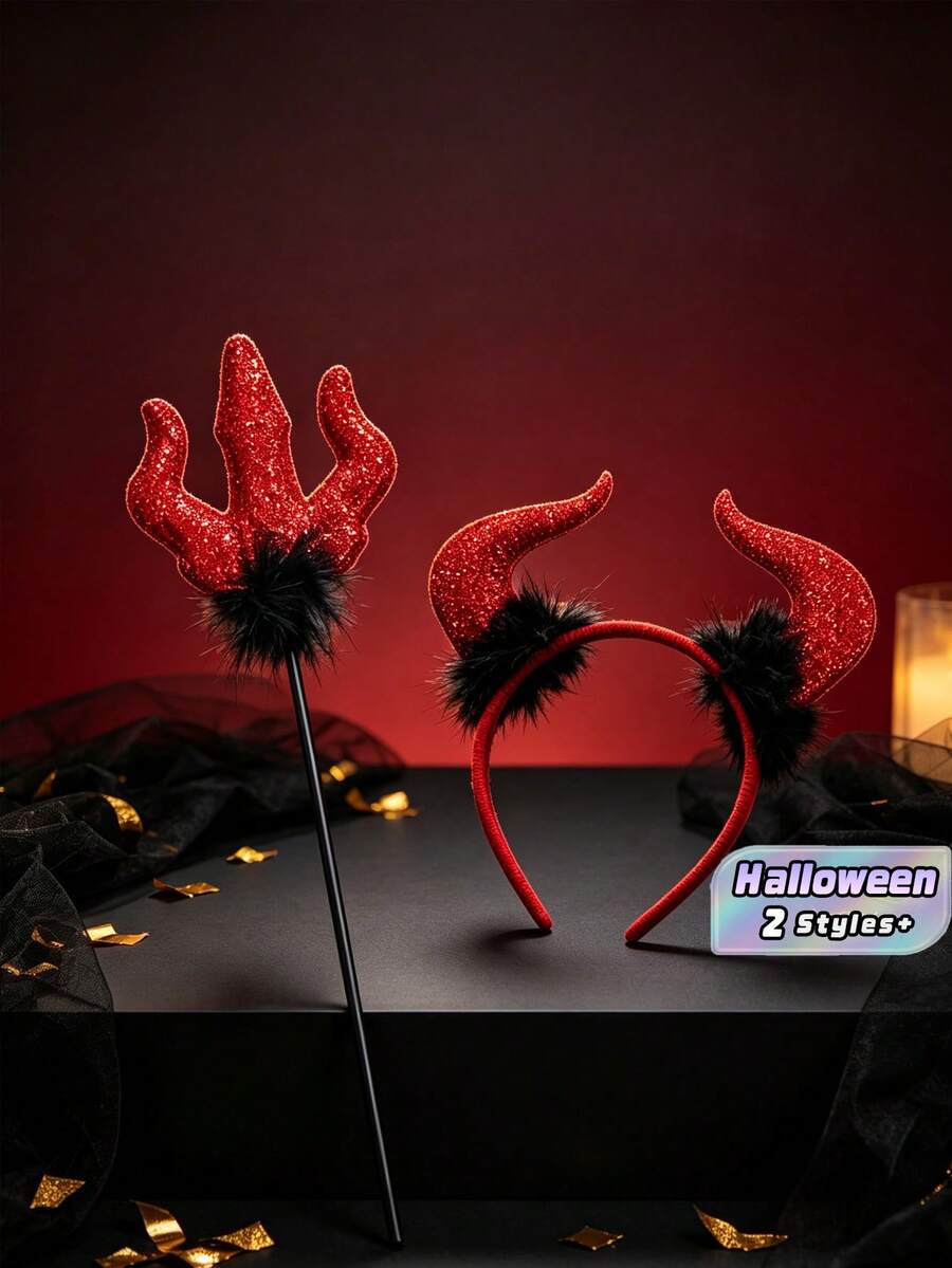 Halloween Devil Costume Set, Red Horn Headband & Trident Cane, Cosplay ...