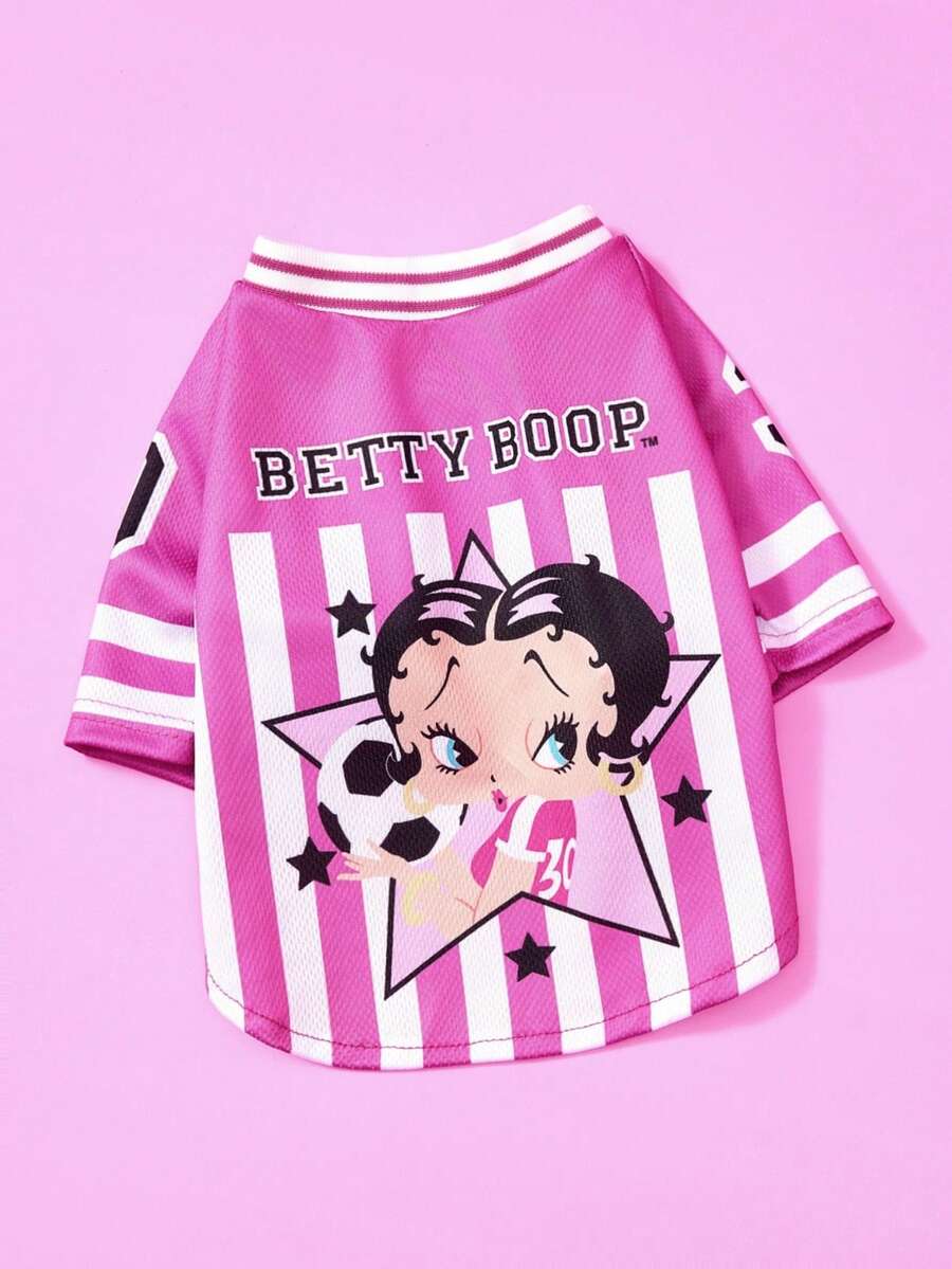 Betty Boop X PETSIN 1件粉色條紋足球小女孩星星印花寵物運動風軟透氣拼接防掉毛寵物衣服 - 彩色 - 查看 1