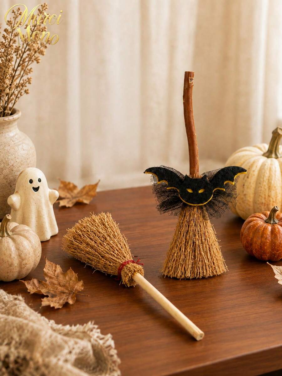 Muroi Mono 1/10/20pcs Halloween Mini Witch Broom Natural Straw Mini Broomstick Decor, Small Wizard Broom Ornaments, Doll House Miniature Prop, Party Tabletop DIY Craft Decoration - Multicolor 1 - View 1