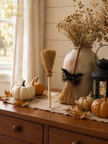 Muroi Mono 1/10/20pcs Halloween Mini Witch Broom Natural Straw Mini Broomstick Decor, Small Wizard Broom Ornaments, Doll House Miniature Prop, Party Tabletop DIY Craft Decoration - Multicolor 1 - View 2