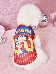 Betty Boop X PETSIN 1件裝紅黃條紋運動風足球女孩30號西班牙印花寵物背心，配色款，柔軟舒適透氣防掉毛寵物衣服 - 彩色 - 查看 2