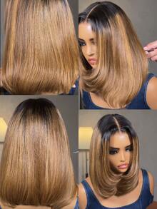 Bye Bye Knots 7x5 Lace Brown With Blonde Piano Highlights Straight Bob Wig With Dark Roots Glueless Bob Wigs 100% Human Hair Ready To Wear Pre Cut Pre Bleached Pre-Pluck Transparent Lace With Drawstring - S1/27 - View 7