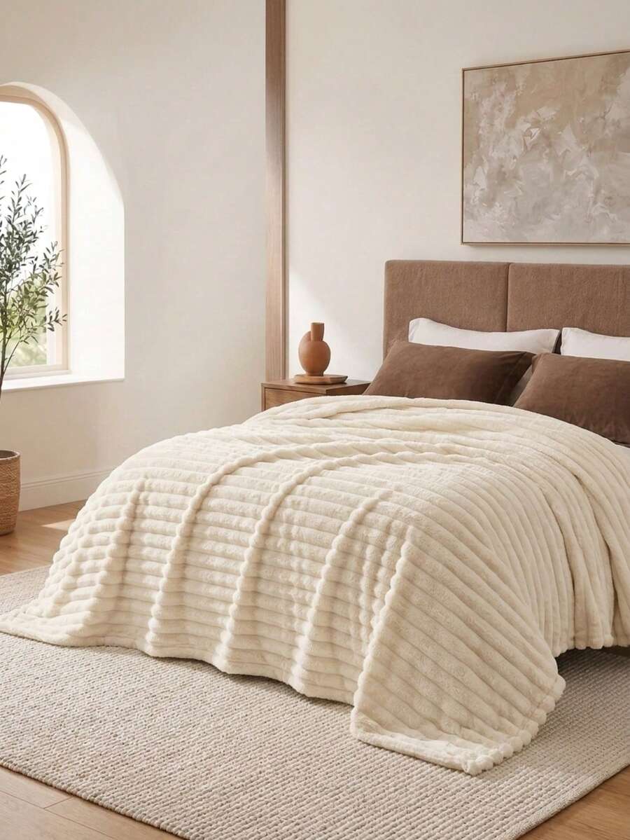 Cirelle Ultra Soft Plush Faux Fur Throw Blanket, Cream White Textured Wave Ribbed Fleece Blanket, Warm Cozy Decorative Blanket Throw For Couch, Sofa, Bed, Bedroom Decor - Beige - View 1
