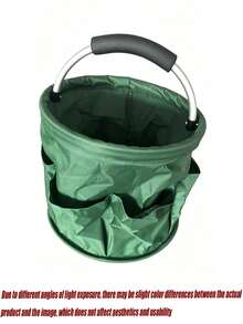 1 Farm-Style Solid Color Garden Tool Storage Bag, Round Bucket-Shaped With 6 Side Pockets And Reinforced Metal Handle, Foldable Oxford Cloth Storage Bag, Large-Capacity Home Garden Organizing Bag - A - View 9