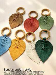 1 Pc Boho Handwoven Wooden Napkin Rings, Rustic Farmhouse Leaf Shape Napkin Holders For Table Setting, Macrame Natural Wood Ring Dinnerware Decor Accessories For Wedding Party Restaurant Kitchen, Hanging Ornament Pendant - Multicolor - View 4