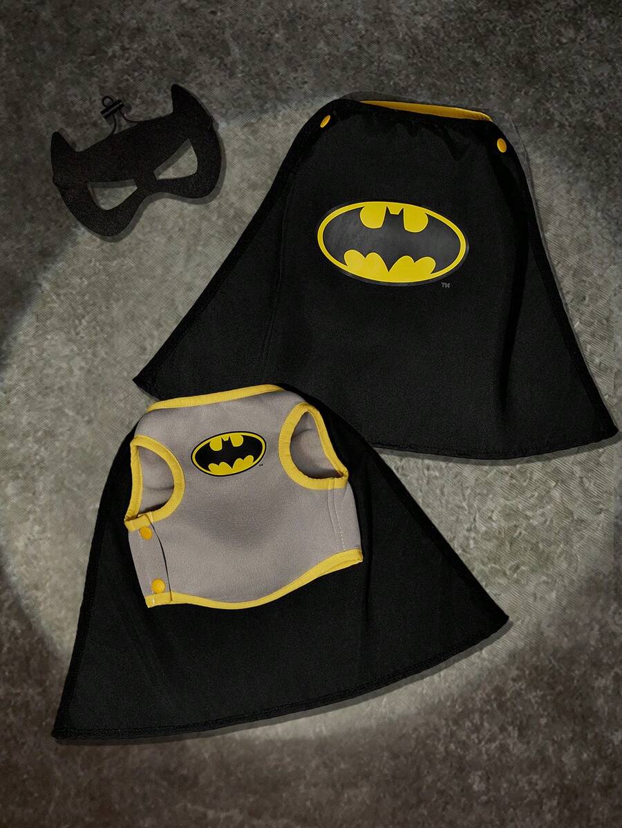 Batman X PETSIN 酷炫超級英雄寵物角色扮演服裝，貓狗通用，三件套寵物服飾組包含無袖背心、印花黑色披風與配套眼罩，適合萬聖節、角色扮演、主題派對與寵物攝影 - 黑色 - 查看 1