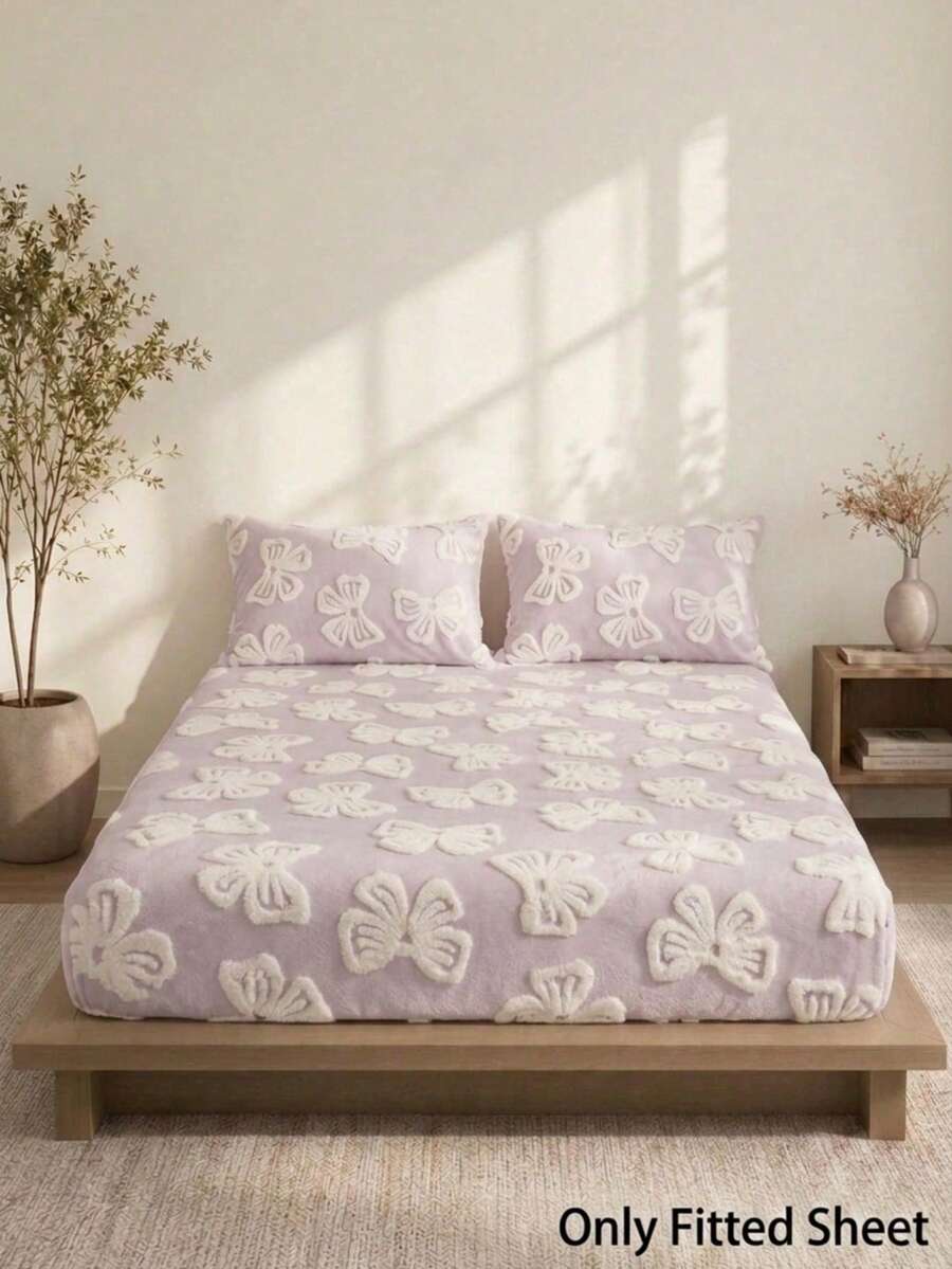Cirelle 1pc 3D Embossed Butterfly Plush Fitted Sheet, Ultra Soft Warm Flannel Mattress Protector Cover, Light Pink Elastic Bottom Sheet For Bedroom, All-Around Stretch Fit - Multicolor - View 1