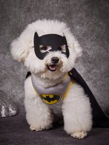 Batman X PETSIN 酷炫超級英雄寵物角色扮演服裝，貓狗通用，三件套寵物服飾組包含無袖背心、印花黑色披風與配套眼罩，適合萬聖節、角色扮演、主題派對與寵物攝影 - 黑色 - 查看 2