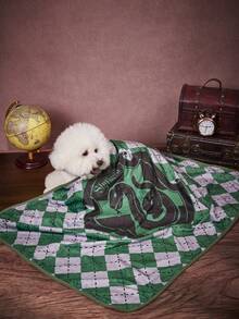 HARRY POTTER X PETSIN 1件綠灰色格紋蛇紋字母印花寵物毯 法蘭絨大學風 保暖柔軟舒適寵物床墊套 - 灰色拼綠色 - 查看 1