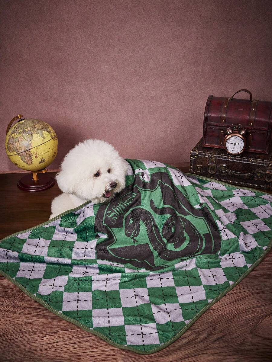 HARRY POTTER X PETSIN 1件綠灰色格紋蛇紋字母印花寵物毯 法蘭絨大學風 保暖柔軟舒適寵物床墊套 - 灰色拼綠色 - 查看 1