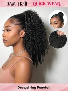 QUICK WEAR Curly Ponytail 100% Human Hair Black Claw Clip Ponytail Clip On Ponytail Deep Burmese Curly Ponytail Hair Piece Claw Long Wavy Ponytail Extension Curly Pony Tail Clip In Hair Extensions Drawstring Ponytail Extension For Women - Natural Black - View 1