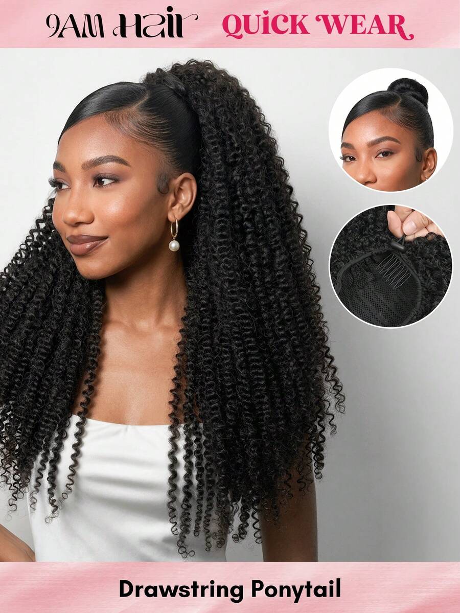 QUICK WEAR Quicky Wear Afro Kinky Curly Ponytail Hair Extensions 100% Human Hair Half Wig Lightweight Glue-Free Installation Adjustable Drawstring Half Wig No Shedding Easy To Wear Beginner Friendly - Natural Black - View 1