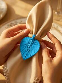 1 Pc Boho Handwoven Wooden Napkin Rings, Rustic Farmhouse Leaf Shape Napkin Holders For Table Setting, Macrame Natural Wood Ring Dinnerware Decor Accessories For Wedding Party Restaurant Kitchen, Hanging Ornament Pendant - Multicolor - View 6