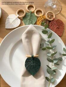 1 Pc Boho Handwoven Wooden Napkin Rings, Rustic Farmhouse Leaf Shape Napkin Holders For Table Setting, Macrame Natural Wood Ring Dinnerware Decor Accessories For Wedding Party Restaurant Kitchen, Hanging Ornament Pendant - Multicolor - View 5