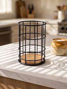 1pc Sleek Iron Kitchen Utensil Holder With Wooden Base - Round Cutlery Organizer For Chopsticks, Forks & Spoons - Countertop Storage Basket With Drainage - Multicolor - View 6