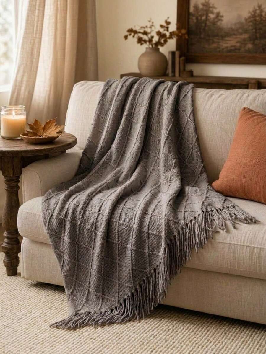 Cirelle Soft Knit Throw Blanket With Fringe, Dark Grey Textured Geometric Diamond Lattice Pattern Decorative Blanket For Couch, Sofa, Bed, Living Room & Farmhouse Decor - Dark Grey - View 1