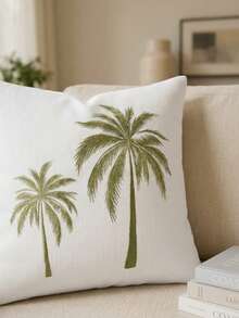 Cirelle 1pc/2pcs Double Palm Tree Embroidered Throw Pillow Covers, Linen‑Textured Square Cushion Cases, Neutral Tropical Coastal Boho Farmhouse Decor For Sofa Bedroom Bay Window Homestay Apartment, Pillow Insert Not Included - Two coconut trees green - View 2