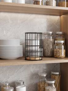 1pc Sleek Iron Kitchen Utensil Holder With Wooden Base - Round Cutlery Organizer For Chopsticks, Forks & Spoons - Countertop Storage Basket With Drainage - Multicolor - View 7