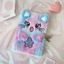 2 Styles Gradient Plush Cat Lockable Journal Notebook, Cute Cartoon Cat Diary Planner, Aesthetic Girls Heart Hand Writing Book - Tie-dye - View 6