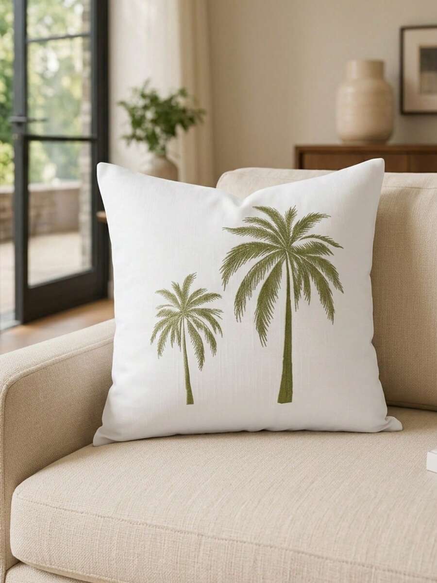 Cirelle 1pc/2pcs Double Palm Tree Embroidered Throw Pillow Covers, Linen‑Textured Square Cushion Cases, Neutral Tropical Coastal Boho Farmhouse Decor For Sofa Bedroom Bay Window Homestay Apartment, Pillow Insert Not Included - Two coconut trees green - View 1