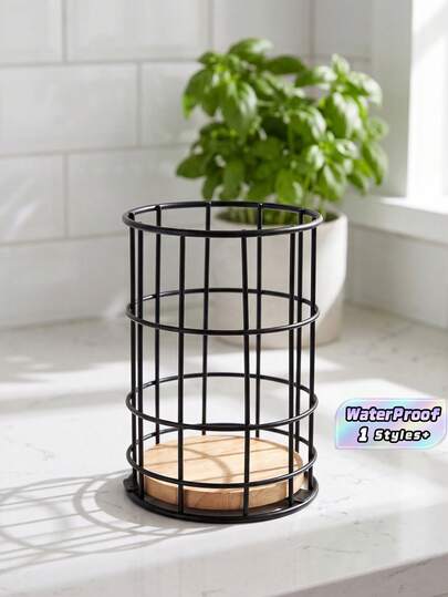 1pc Sleek Iron Kitchen Utensil Holder With Wooden Base - Round Cutlery Organizer For Chopsticks, Forks & Spoons - Countertop Storage Basket With Drainage