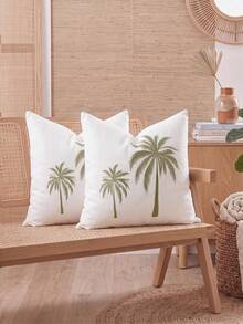 Cirelle 1pc/2pcs Double Palm Tree Embroidered Throw Pillow Covers, Linen‑Textured Square Cushion Cases, Neutral Tropical Coastal Boho Farmhouse Decor For Sofa Bedroom Bay Window Homestay Apartment, Pillow Insert Not Included - Two coconut trees green - View 10