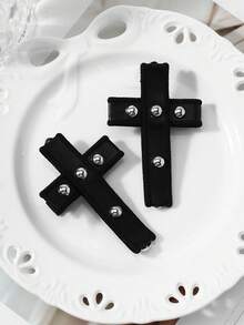 ROMWE Goth 2件組龐克暗黑哥德風黑/棕色皮革鉚釘拼接十字髮夾鴨嘴夾，日常配戴節日禮物組合套裝 - 多色-54 - 查看 13