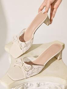 CUCCOO CHICEST Women's Fashion Sexy Square Toe Embroidered Thread Lace Mesh Fabric Bow Slippers, Medium And High Heels Lacquered Thick And Straight Heels. Light And - Apricot - View 7