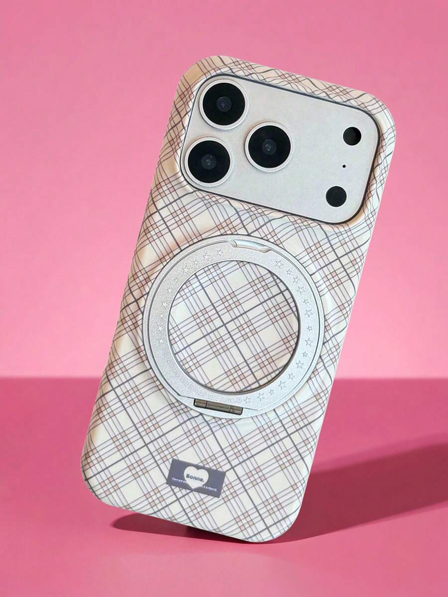 ShellaStory 時尚格紋旋轉支架磁吸手機殼,相容 Phone17pm、Apple 18、Premium 15、16,硬殼,個性創意復古幾何歐美簡約小眾 Ins 風 - 棕色 - 查看 1