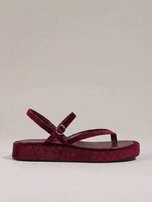 HighSole 簡約露趾休閒風厚底涼鞋，適合旅行與度假日常穿著 - 韓國絨酒紅色 - 查看 2