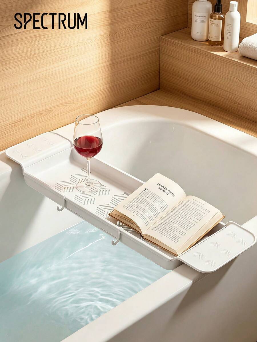 1pc Expandable Bathtub Caddy Tray, Adjustable Non‑Slip Bath Tub Shelf With Drain Holes, Bathroom Organizer For Soap Towel Bath Accessories - one size fits all - View 1