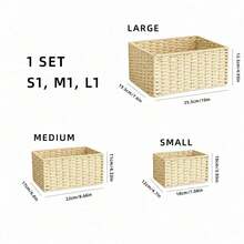 Haus Hana 1Set Boho Rattan Desktop Storage Basket Set Of 3, Handwoven Wabi-Sabi Vanity Organizer, Oriental Zen Style Cotton Rope Basket For Desk, Office, Shelf, Small Items Storage - View 12
