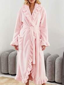 Cirelle Women's Plush Ruffle Trim Fleece Bathrobe, Soft Warm Long Plush Robe With Belt, Elegant Light Pink Loungewear - Multicolor - View 9