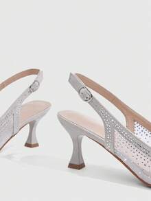 CUCCOO SZL Women's Fashion Pointed Mesh Stitching Rhinestone Summer Fashion Party Party Spread Kitten Heel Empty Kitten Heel High Heels Shoes - Grey - View 5