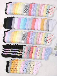 SHEIN Random 20 /10 Pairs Kids Girls Ankle Socks Bulk Pack Cute Heart Stripe Polka Dot Pattern Assorted Pastel Color Soft Breathable Daily Low Cut Multipack - Multicolor - View 1