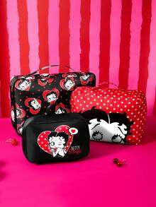 Betty Boop x SHEIN 紅黑心形波點旅行收納袋，S/M/L 尺寸，拉鍊開合，行李整理收納包，適合旅行與商務出差分類衣物 - 黑紅白 - 查看 2