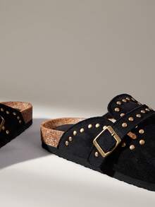 Solecia Metal Buckle Rivet Decoration Personalized Retro Half Slippers Travel Vacation - Black - View 4