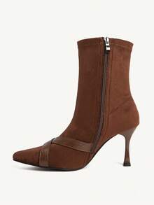 CUCCOO CHICEST Autumn And Winter Pointed Suede Square Buckle Thin Heel Temperament Commuter High Heel Short Boots - Brown - View 6