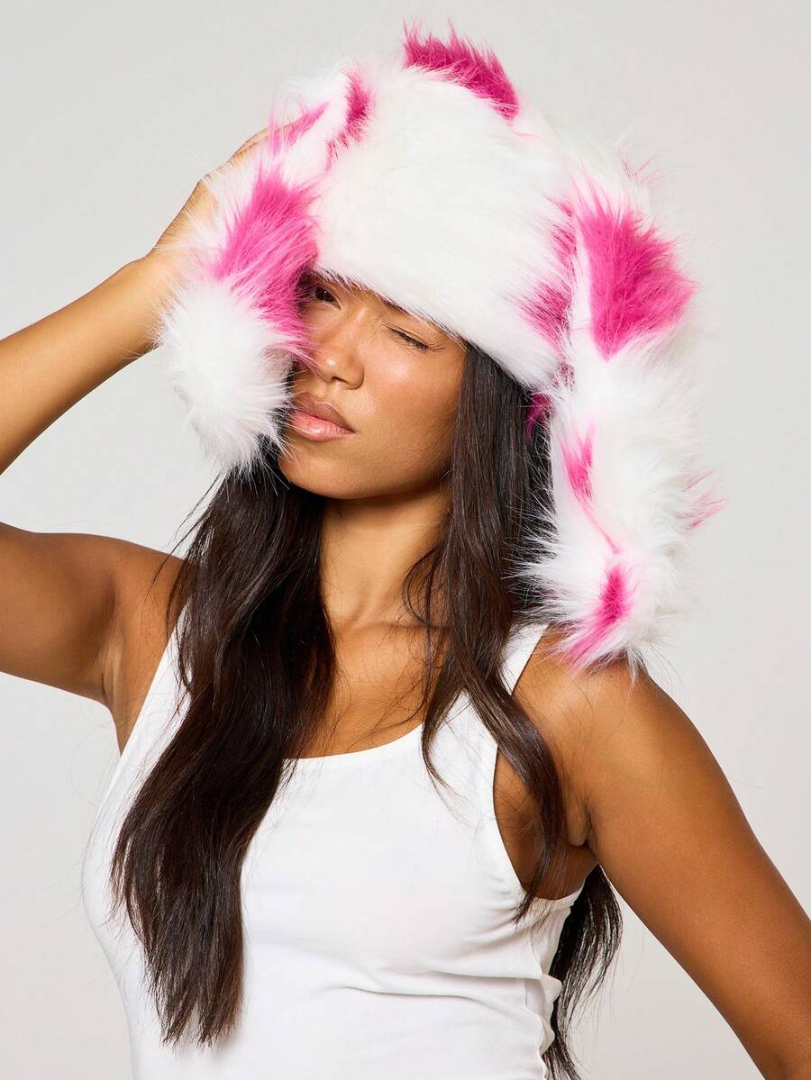 MUSERA Pink And White Faux Fur Bunny Hat Fall Autumn Winter Streetwear Festival Outfits - Multicolor - View 1