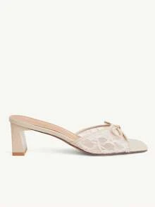 CUCCOO CHICEST Women's Fashion Sexy Square Toe Embroidered Thread Lace Mesh Fabric Bow Slippers, Medium And High Heels Lacquered Thick And Straight Heels. Light And - Apricot - View 10