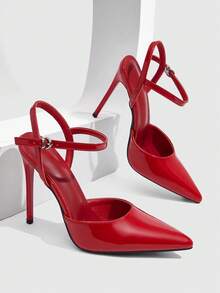 CUCCOO SZL 尖頭細高跟女鞋 大紅色腳踝綁帶 優雅時尚性感 slingback 後跟鞋 - 鏡面大紅. - 查看 1