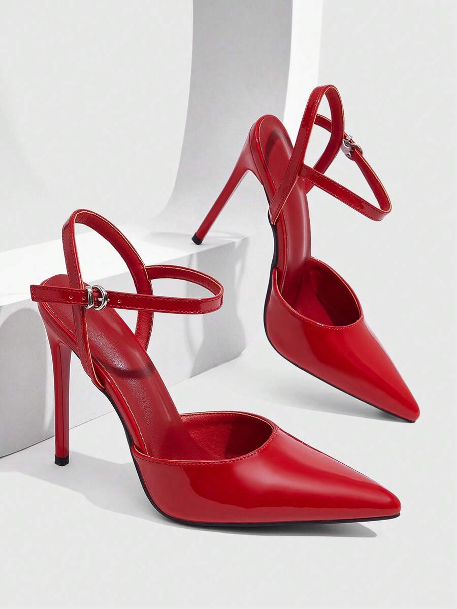 CUCCOO SZL 尖頭細高跟女鞋 大紅色腳踝綁帶 優雅時尚性感 slingback 後跟鞋 - 鏡面大紅. - 查看 1