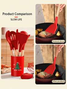 Haus Hana Christmas Wooden Handle Silicone Scraper, Suitable For Non Stick Pans, Household Cooking Scraper And Spoon, High Temperature Resistant Kitchenware Set. - Red - View 6