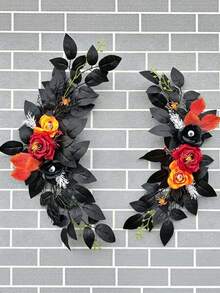 2Pcs Gothic Black Red Rose Flower Garland, Artificial Vine With Maple Leaf & Berry For Wedding Arch Halloween Home Wall Party Decor - Multicolor - View 11