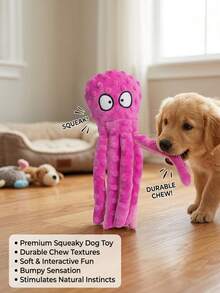 PETSIN Plush Octopus Dog Toy With Squeaker, Interactive Squeaky Chew Toy For Medium & Large Dogs, Durable Bite Resistant Pet Toy For Indoor & Outdoor Play, Soft Stuffed Puppy Toy For Boredom Relief & Fun - Purple foamed big-headed octopus - View 3