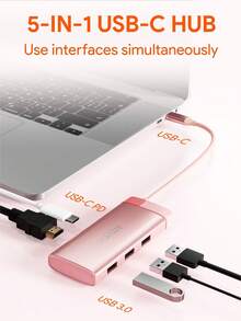 JMMO USB Hub,5 In 1 Fast USB C Hub,Type C Hub,4K USB C To USB3.0*3 & -Compatible,5-In-1 USB C Dock For Most Type-C Devices,Cable Length 165mm - Pink - View 2