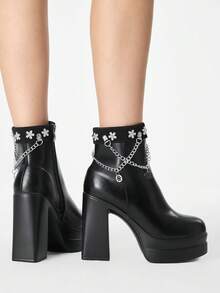 ROMWE Women's Autumn/Winter Punk-Style Retro Chunky Heel Platform Ankle Boots, Gothic Solid Color Leather Side Zip Closure With Metal Buckle Strap. - Black - View 6