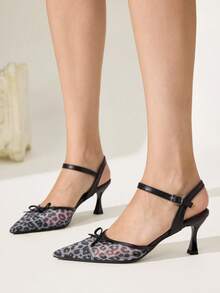 CUCCOO CHICEST 女款春夏新款黑色豹紋蕾絲拼接尖頭蝴蝶結細高跟鞋，優雅透氣穿著舒適 - 黑色豹紋 - 查看 6